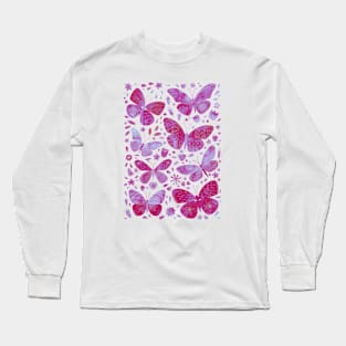 Magenta Hot Pink Watercolor Butterflies Long Sleeve T-Shirt